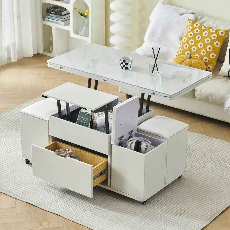 Cream wind ventilation long bottom plate lifting coffee table small apartment special mobile telescopic