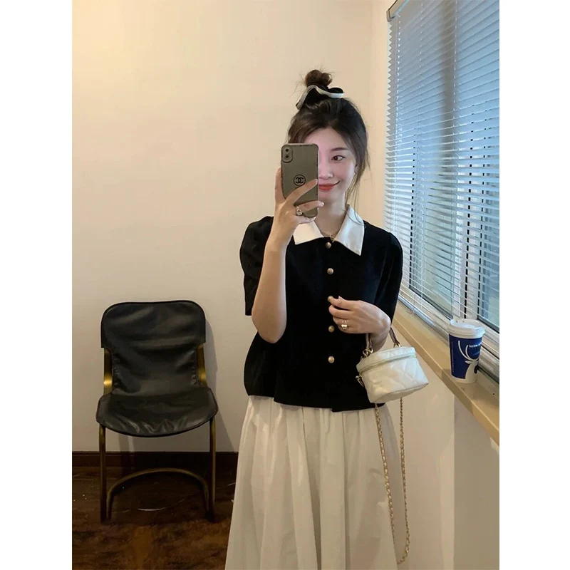 

Ретро-корейская женская летняя молодежная свободная футболка с отложным воротником и коротким рукавом