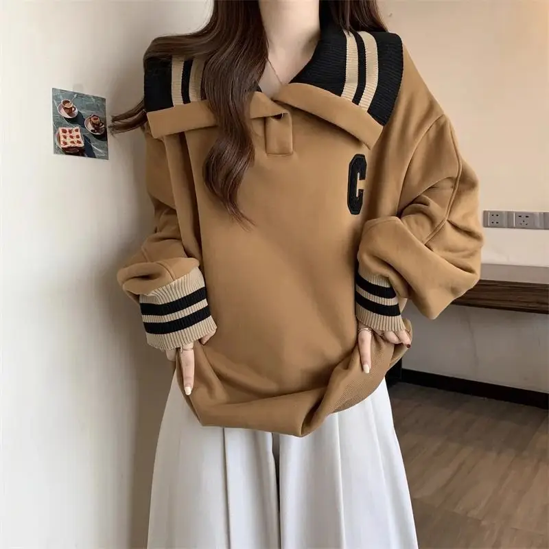 

Fashion Peter Pan Collar Pullover Sweatshirt for Women Loose Printed Letter Long Sleeve Warm Fleece Pull Tops Streetwear Soft