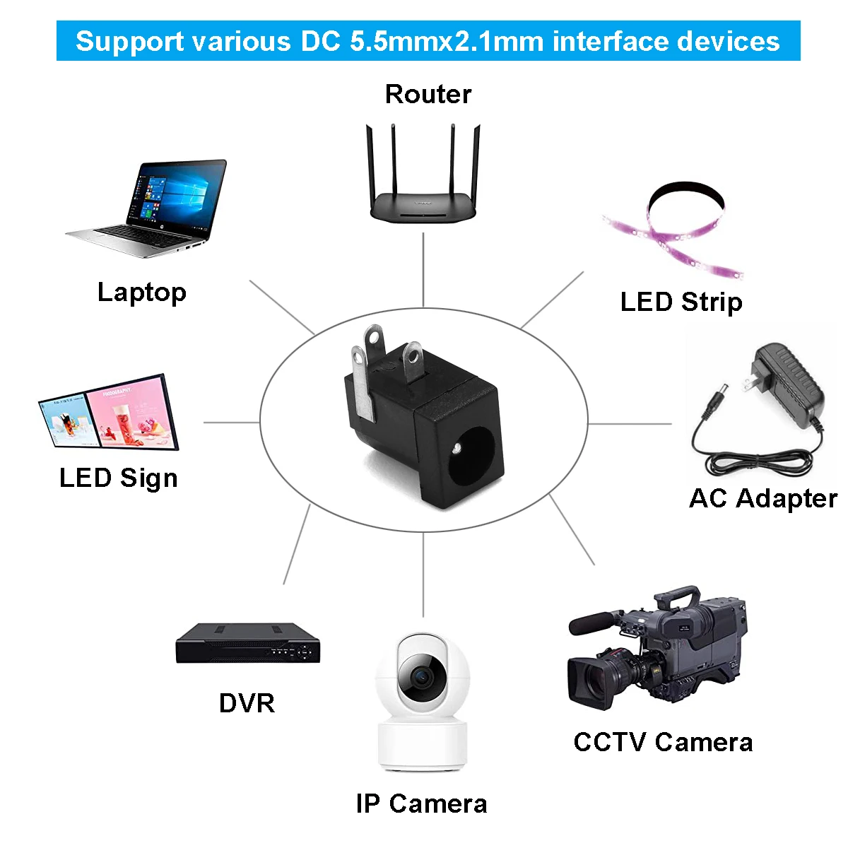 10pcs 12V DC Power Jack Socket Terminal 5.5mm 2.1mm Female Panel Mount Barrel Connector Plug Adapter For DIY Projects Connector