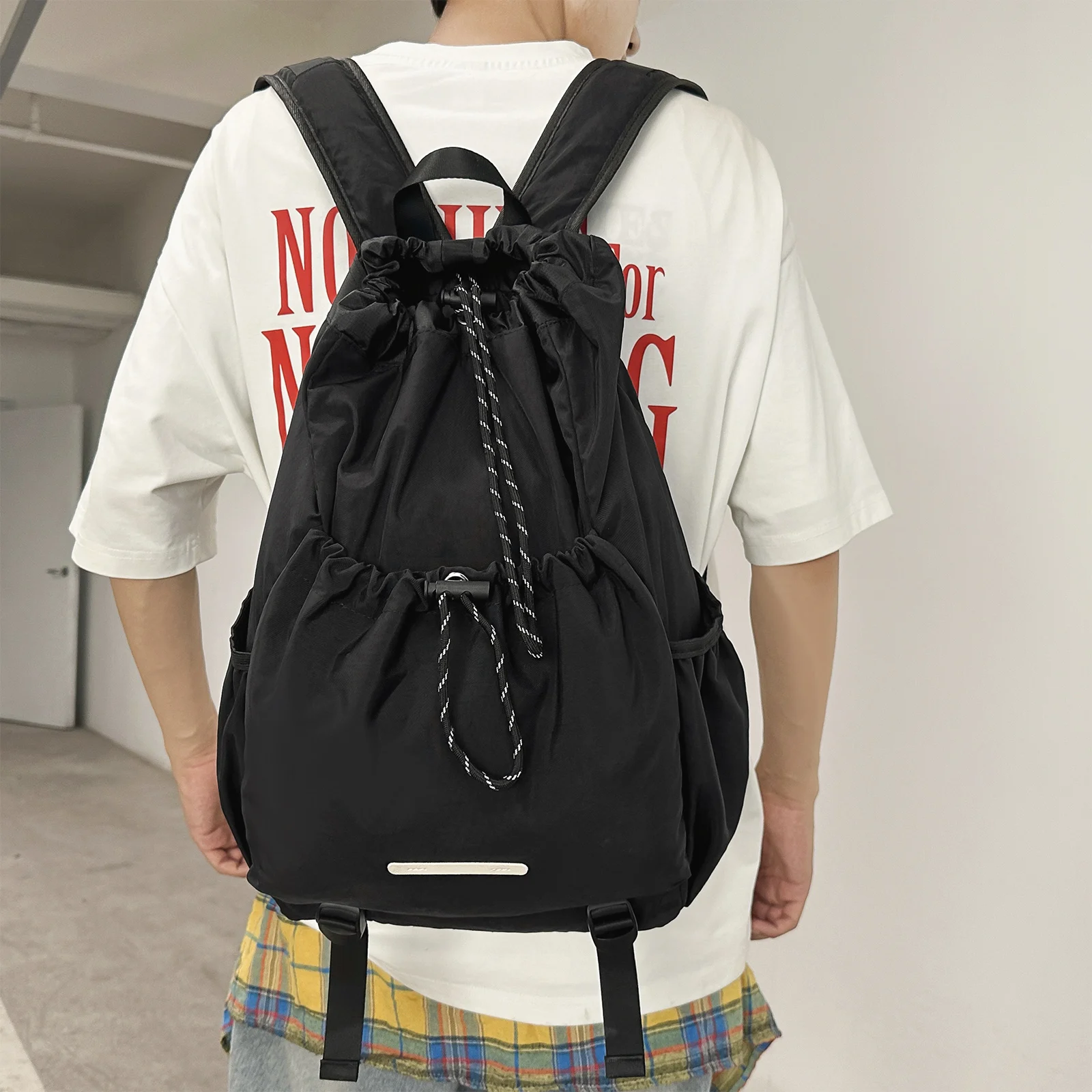 

Soft Nylon Drawstring Backpack 16.14" Wide Mouth Large Capacity Casual Daypack with Bottom Strap & D Hook for Travel Hiking Gift
