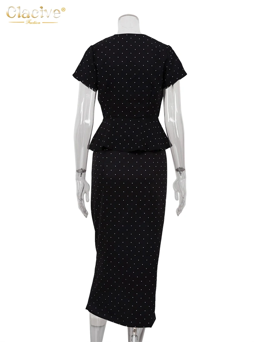 Clacive Summer Slim Print Skirts Set 2 Piece Woman 2025 Fashion Short Sleeve Shirt With High Waist Midi Skirt Set Streetwear image 6