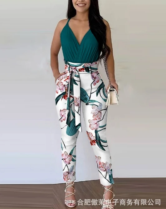 Two Piece Sets 2024 Women's Summer Temperament Commute Daily All-Matching V-Neck Top & High-Waisted Pants Color Print Pants Sets