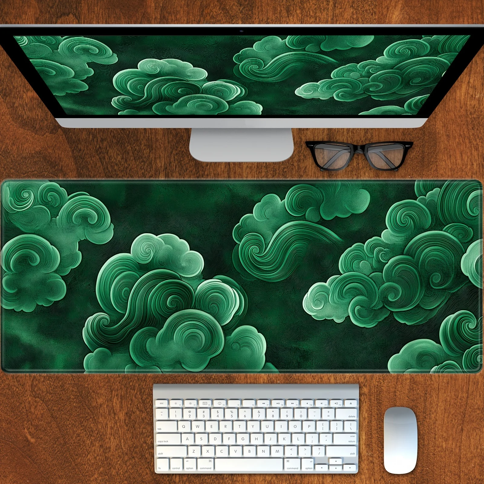 Oversized Gaming Mouse Pad, Non-slip Rubber Base, Stitched Edges, with Green Cloud Pattern, Suitable for Work and Gaming