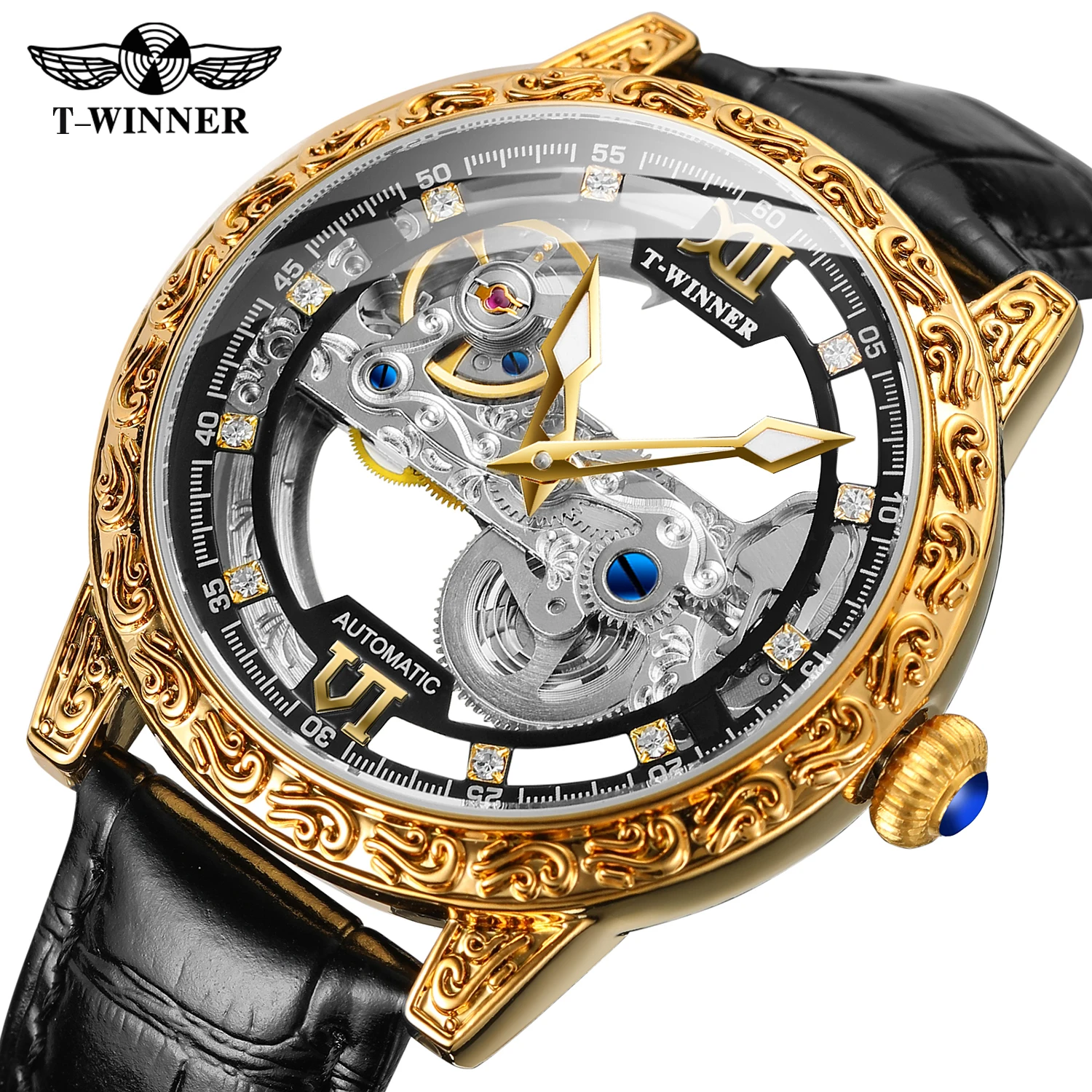 Winner Newest Gold Transparent Wrist Watches Luxury Man Reloj Montre Leather Skeleton Custom Mechanical Automatic Watch for Men