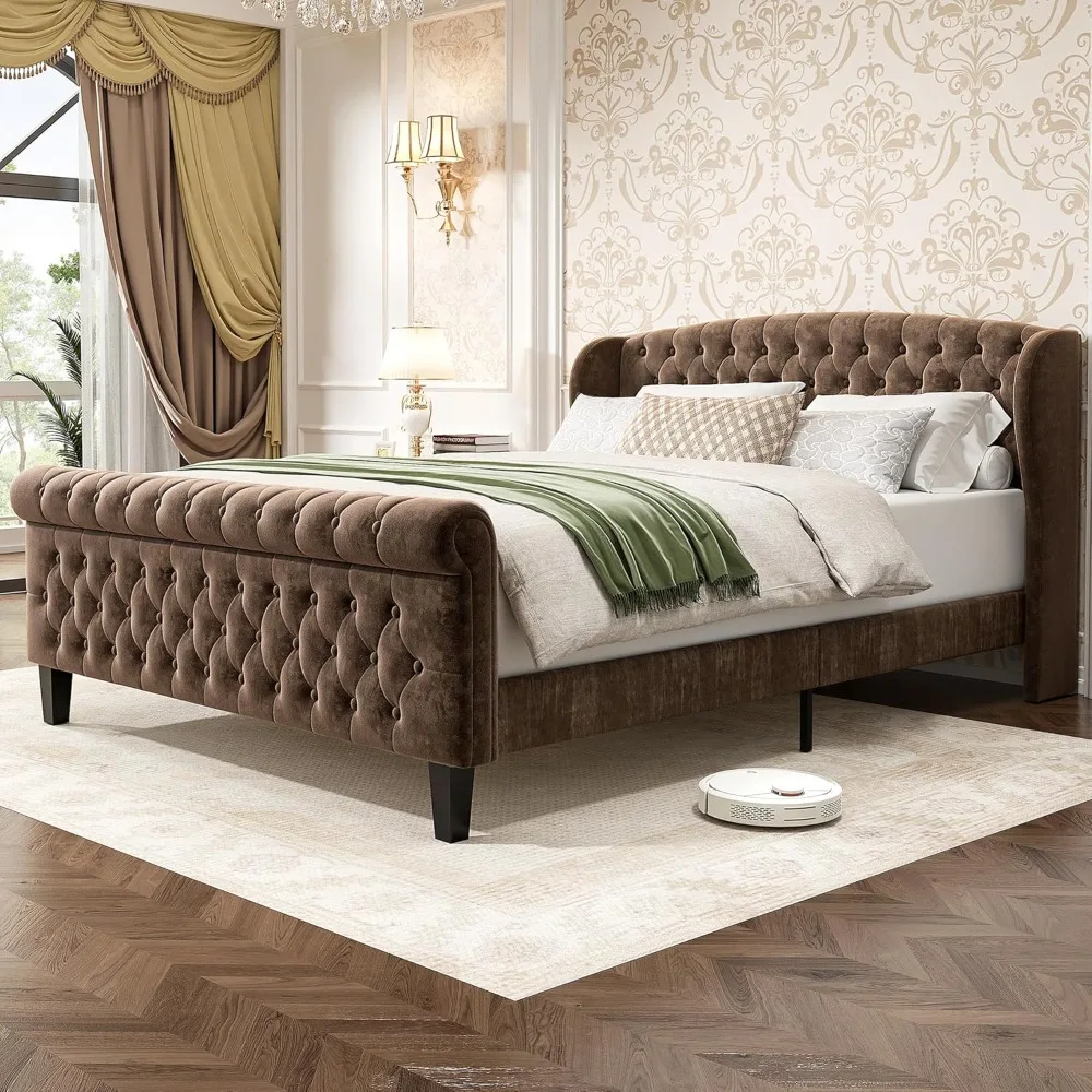 

BedsPick Full Size Bed Frame Sleigh with Wingback Headboard, Fully Upholstered Bed Frame Full Size with Deep Button Tufted Scrol