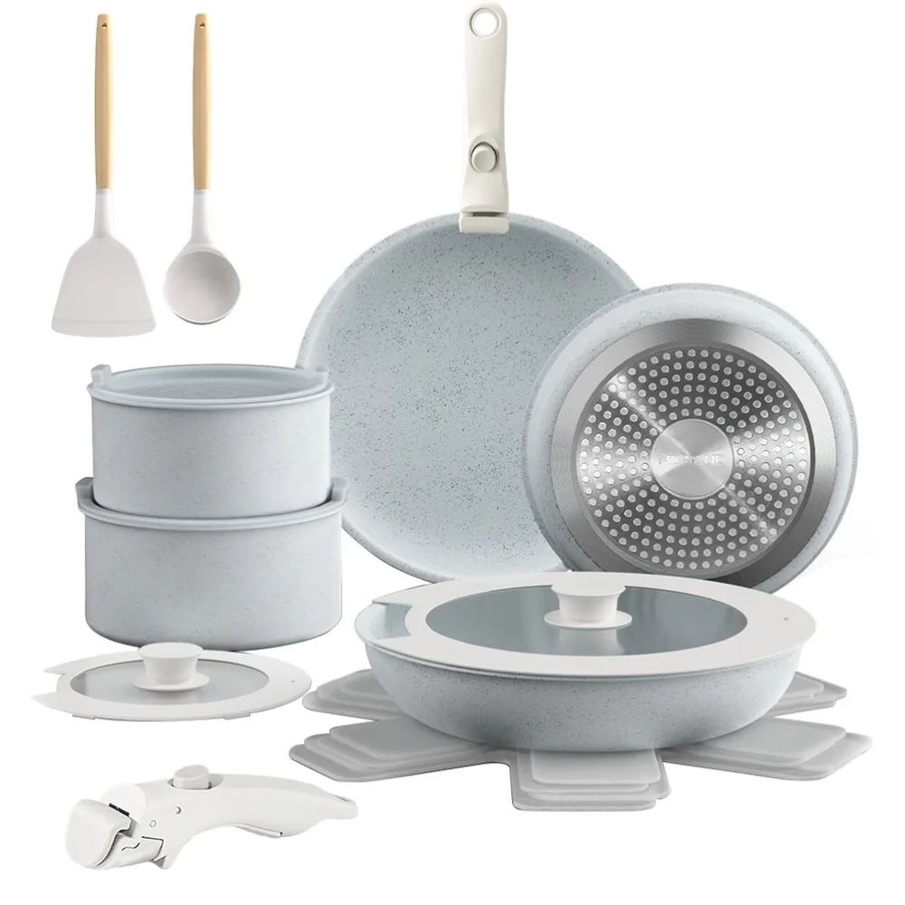 

17-Pieces Ceramic Cookware Set,Non Stick Pots and Pans Cooking Set with Detachable Handle and Glass Lid, Dishwasher & Oven Safe