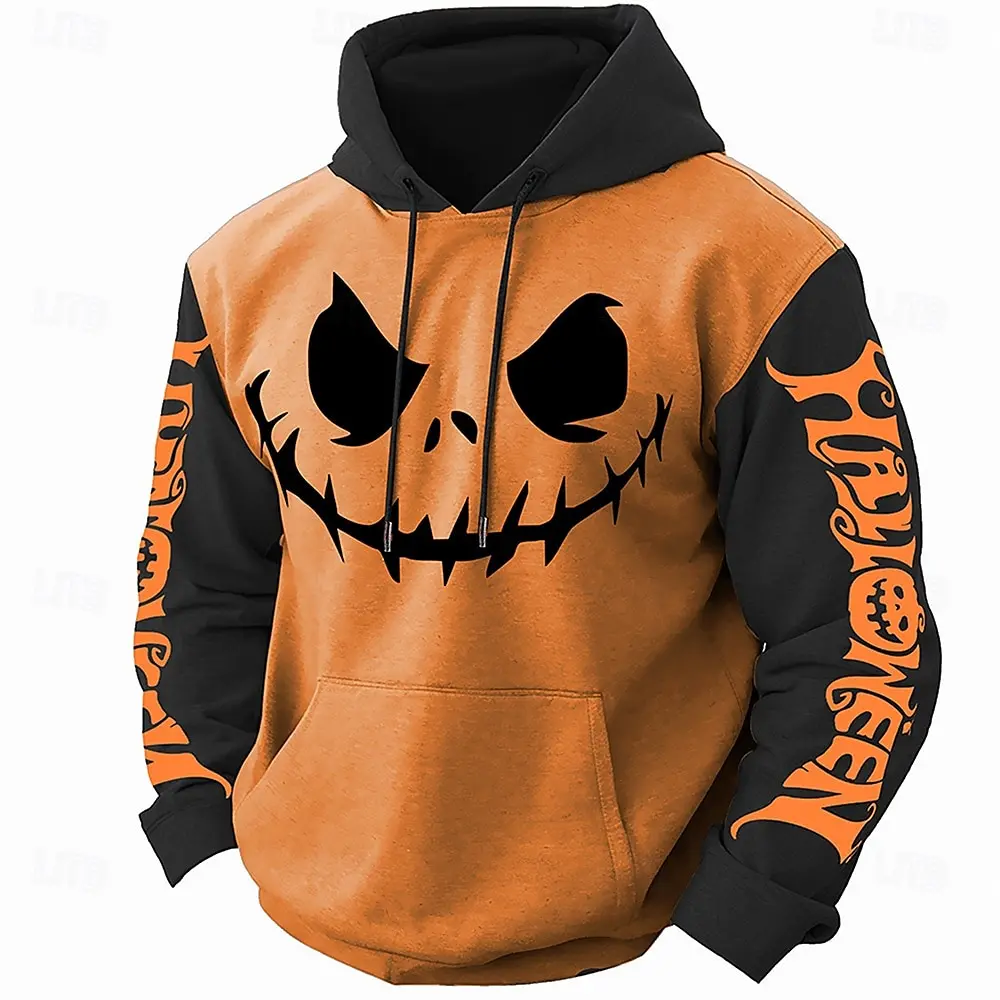 Halloween Pumpkin Face Hoodie Pullover Color‑Block Design Scary Ghost Graphic Casual Long Sleeve Hooded Sweatshirt With Pocket