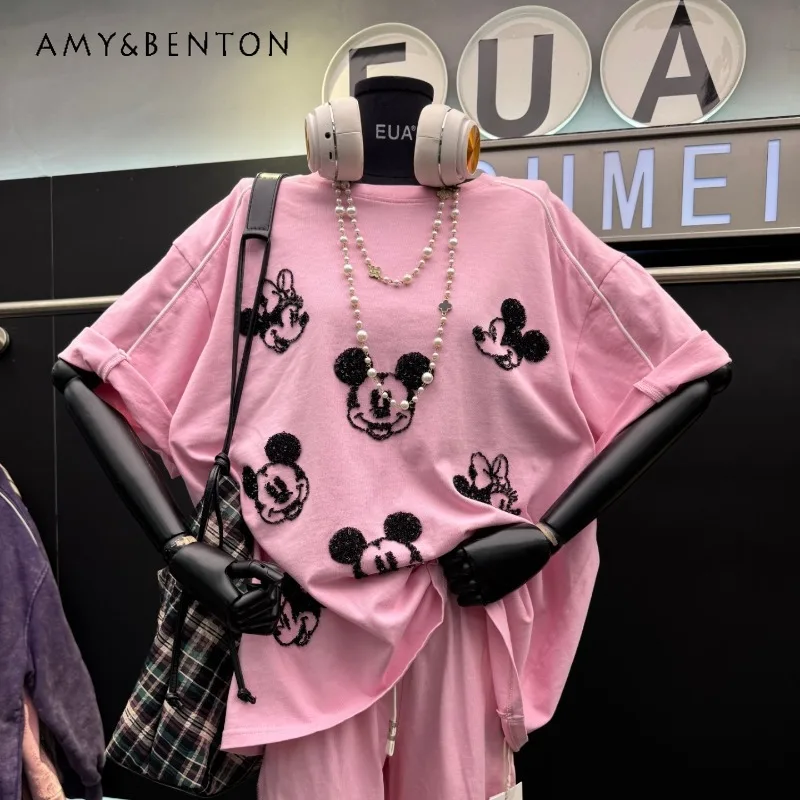 

Summer New Heavy Industry Beads Sweet Cartoon Head Short-sleeved T-shirt Women's Korean Style Age-reducing Versatile Top Tshirts