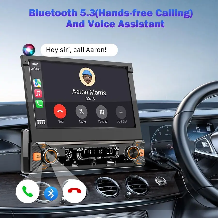 Автомобильный радиоприемник Din с сенсорным экраном 7, моторизованный откидной выход, совместимый с Apple CarPlay, беспроводная автомобильная стереосистема Android Auto, Bluetooth TypeC, США