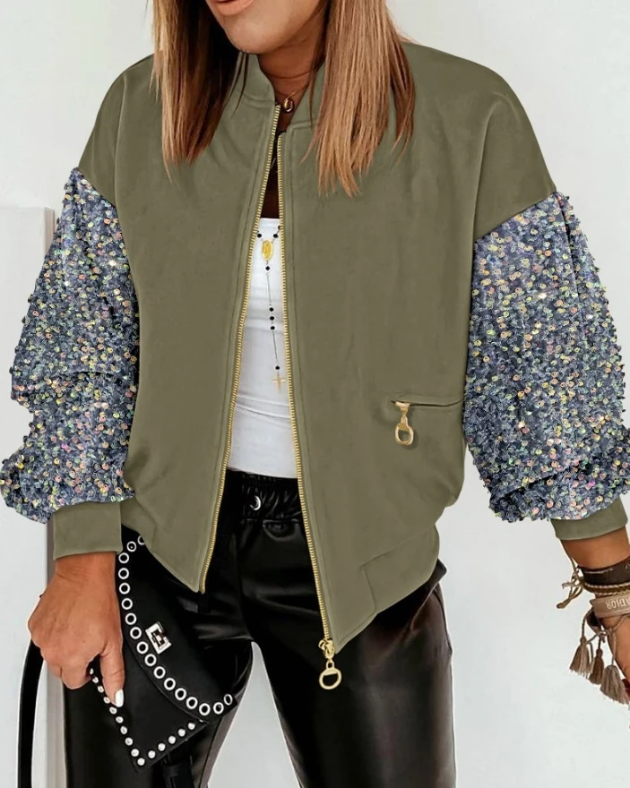 

Color blocking sequin jacket long sleeved zipper flash casual jacket fashionable casual 2024 autumn new women's clothing