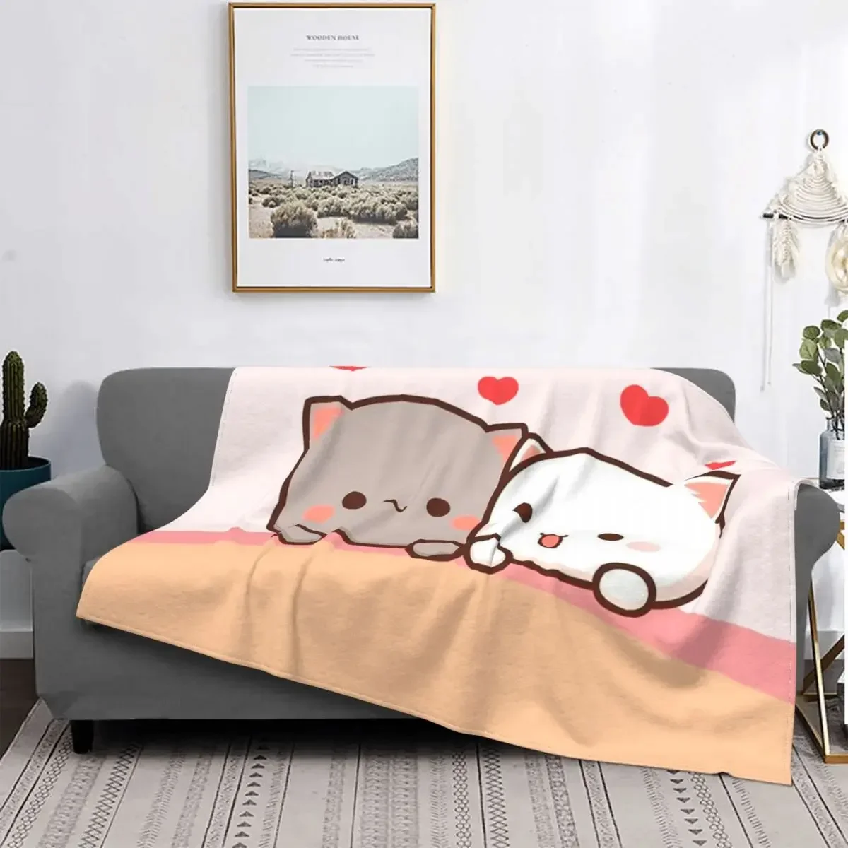 Koc z nadrukiem 3d Peach and Goma Mochi Cat Blanket Coral Fleece Plush Jesienno-zimowe koce do sypialni Cienka kołdra