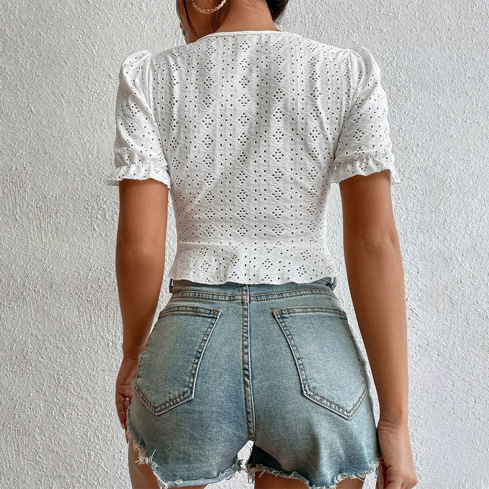 Women's Sexy V-neck Short Sleeve Tops And Blouses Women Casual Tops Crop Top White Lace Shirt Corset Top Blouse