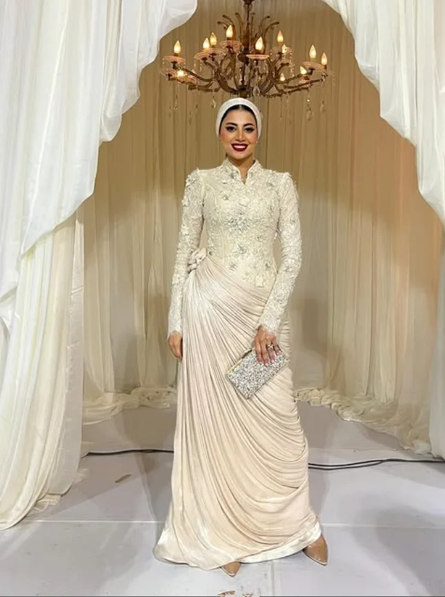 Abiti da cerimonia da sera caftano musulmano champagne Hijab pizzo floreale manica lunga increspato chiffon abito da ballo mediorientale personalizzato