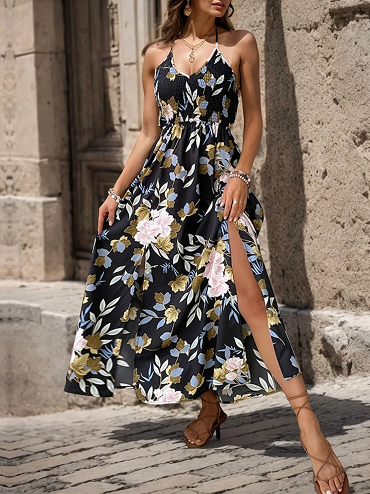 

JIM & NORA Sleeveless Slit Sexy Backless Camisole Dress Elegant Women's Temperament Commuting Print Patchwork A-line Skirt