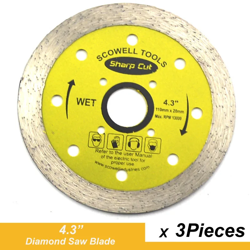 3 Pieces 4.3 inch Diamond Saws Blade Sintered Wet Cutting Disc For Granite Marble Tile Ceramic