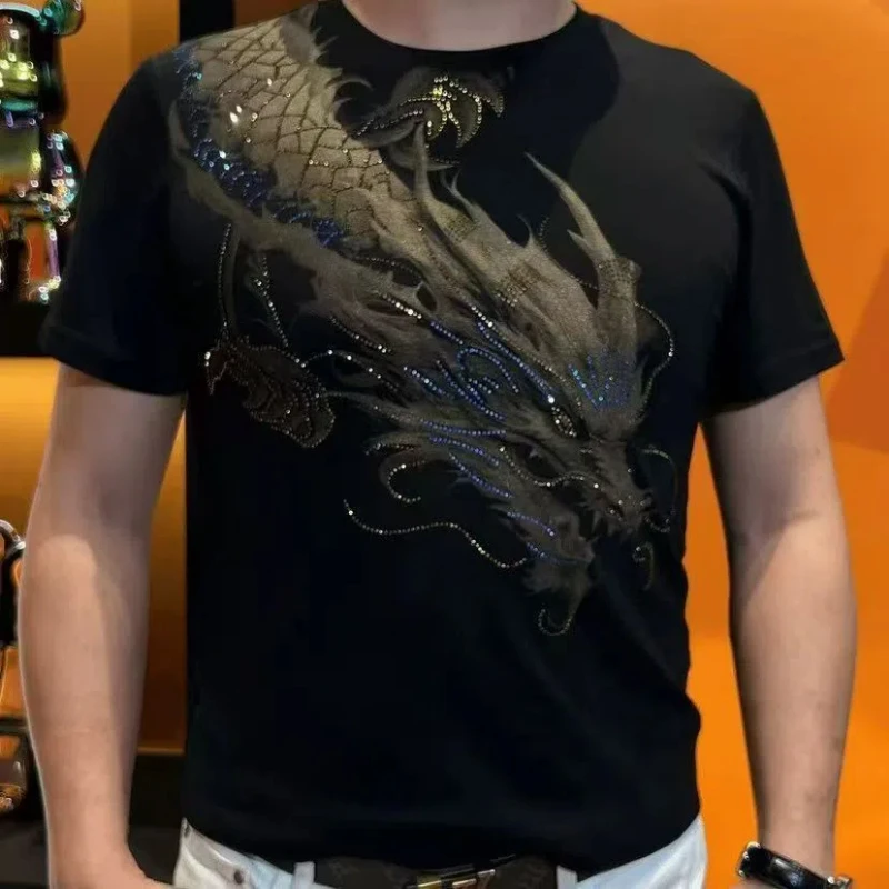 Summer Heavy Industry Hot Diamond Ice Silk Men's Short-sleeved Shoulder Dragon Chinese Style High Street Pussy Trendy T-shirt