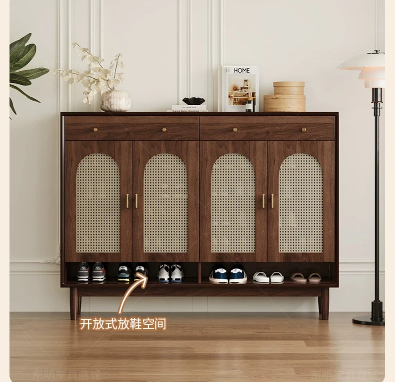 Vine-woven shoe cabinet Home door solid wood frame retro porch cabinet living room simple modern storage cabinet locker