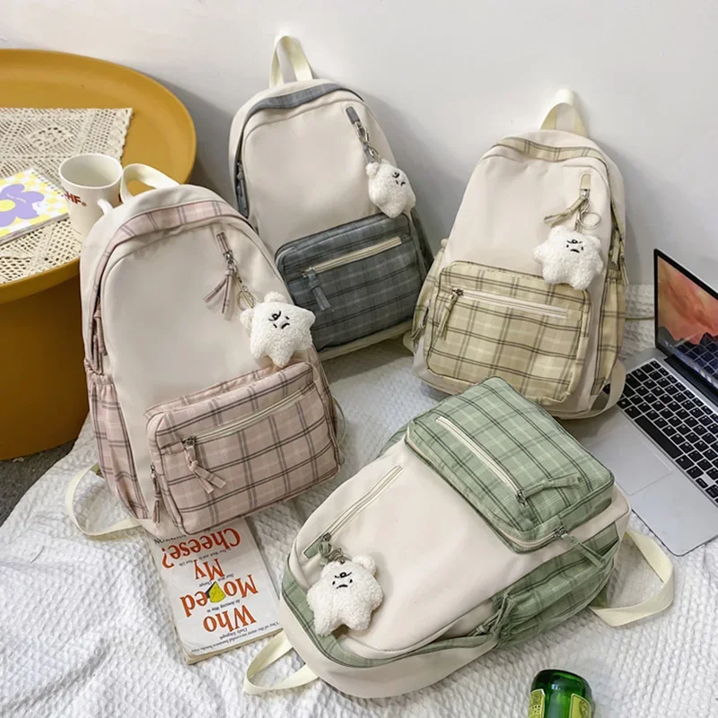 Campus Fresh and Cute Soft Girl Student Checkered Backpack with Korean Antique Style Girl Backpack