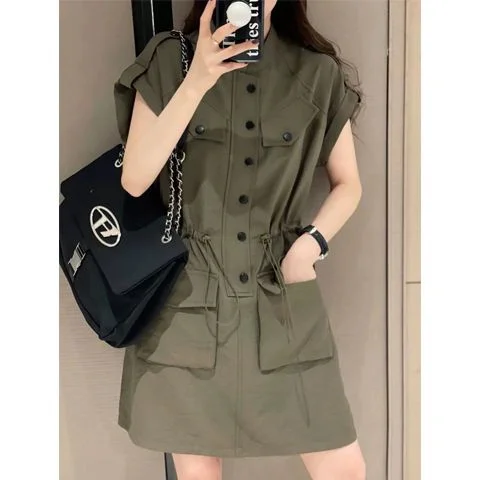 

plus Size Casual Loose Waist Cinched Women's Dr Summer A-Line Skirt irt Dr Casual Wear Button Detail Ne ort ...