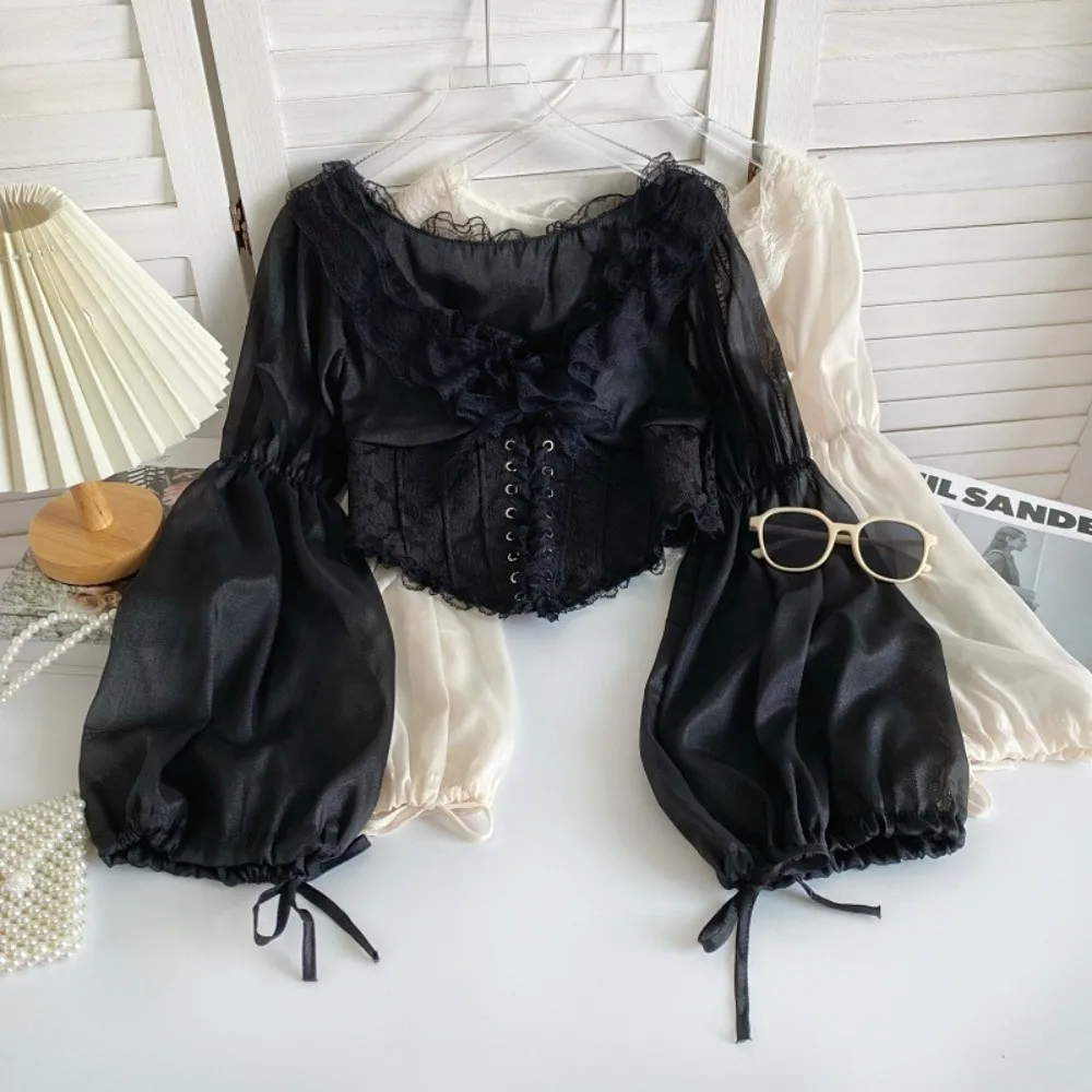 

Chic Mesh Ruffled Lace Chiffon Tops Lace Puff Long Sleeve Chiffon Blouse Patchwork V Neck Lace-up Shirts Daily