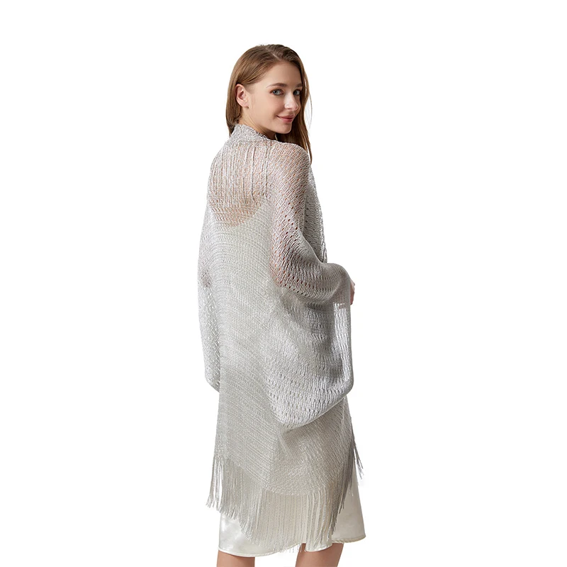 Polyester bat-sleeve cape Silver wedding party summer thin with hollowed-out fringe sun protection plus-size cardigan