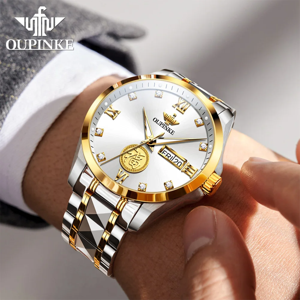 

OUPINKE 3305, роскошные брендовые мужские часы, персонаж Fu, содержит настоящие золотые автоматические механические часы, водонепроницаемые, светящаяся дата