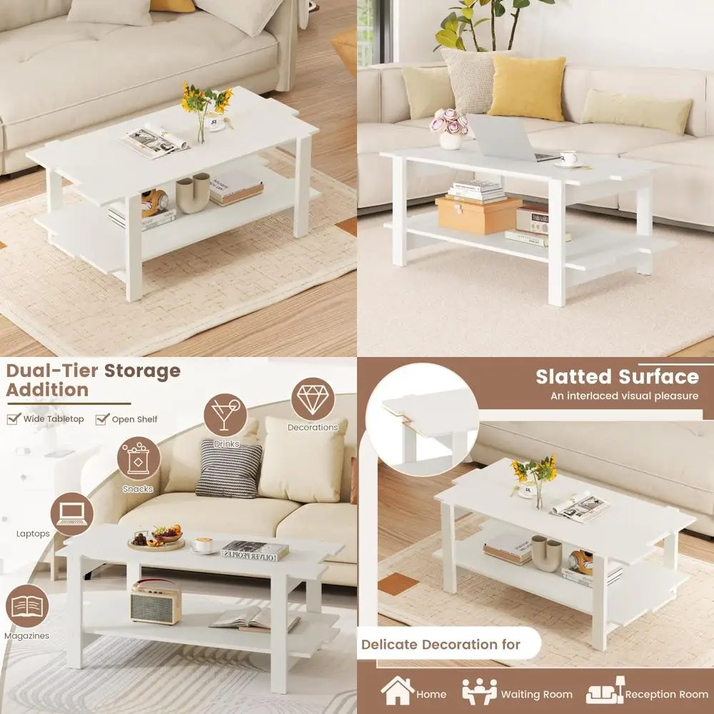 

45 Inch Modern Rectangular Coffee Table with Slatted Design and Side Rail Support for Living Room Storage