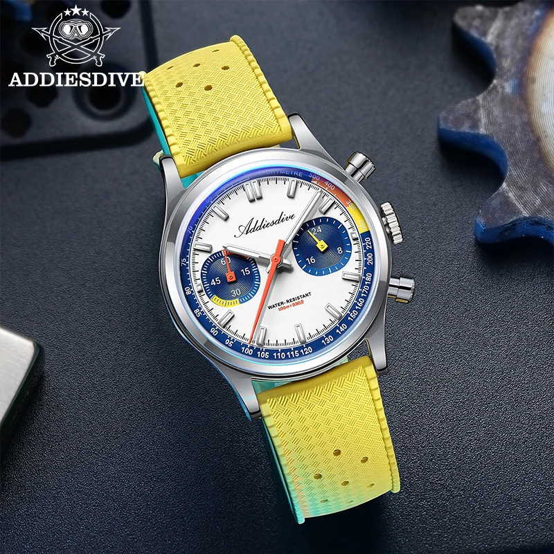ADDIESDIVE nuevo cronógrafo de goma de flúor Reloj de cuarzo de lujo para hombres VK64 vidrio abovedado 100M relojes de moda impermeables AD2529 Reloj