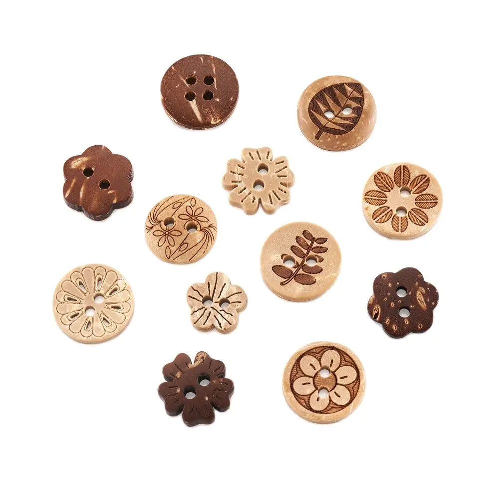 120pcs/Lot Round Flower Pattern Natural Coconut Buttons Carved 2-hole Basic Sewing Button for Clothing DIY Handmade Crafts