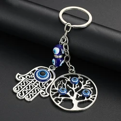 Turkish Lucky Blue Evil Eye Glass Keychain Tree of Life Hamsa Hand Pendant Charms Bag Car Key Chain Ring for Women Men Gift