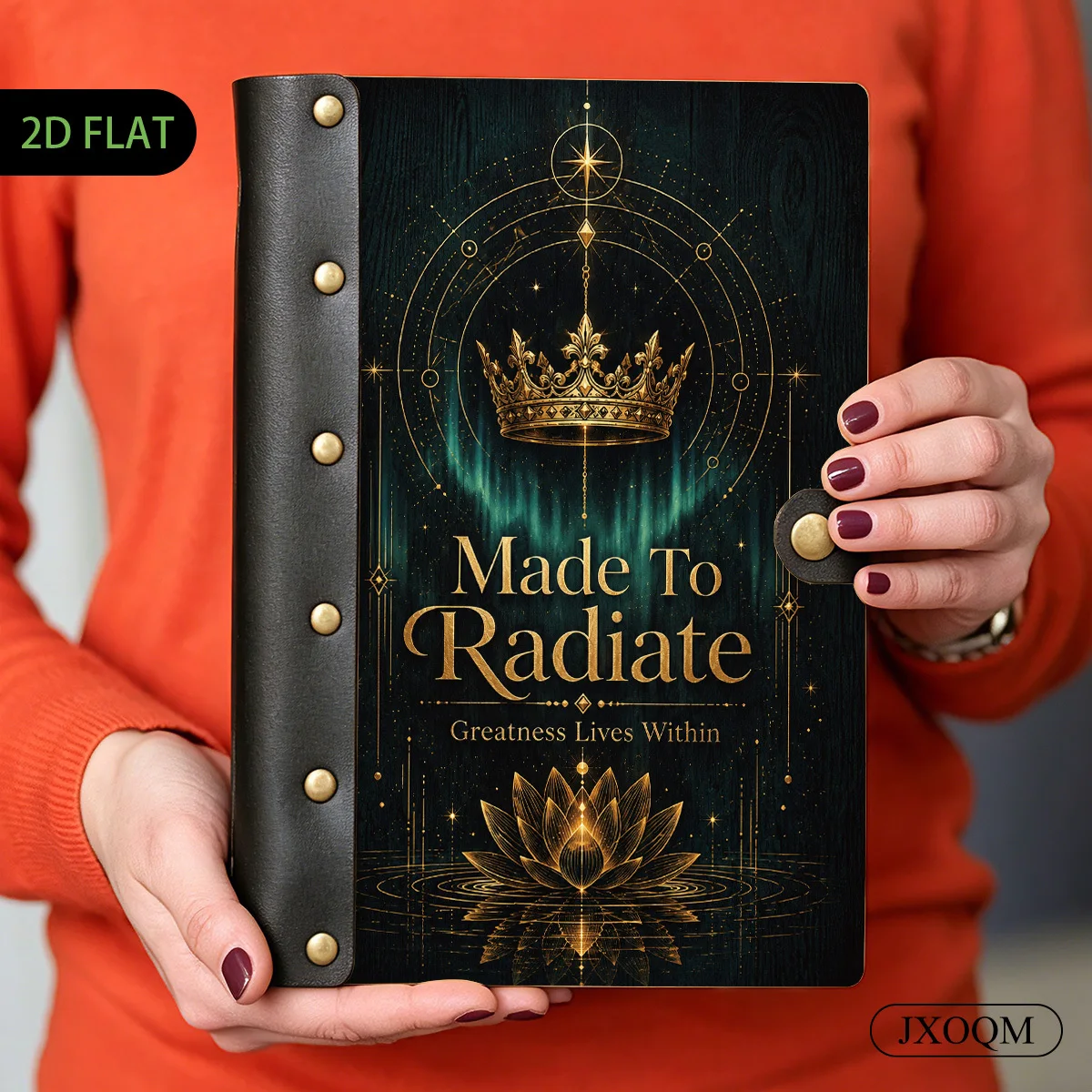1PC Crown Lotus Made To Radiate Wooden Hardcover Loose Leaf Notebook, 2D Flat Vintage Style, 6-Hole Metal Ring Binder