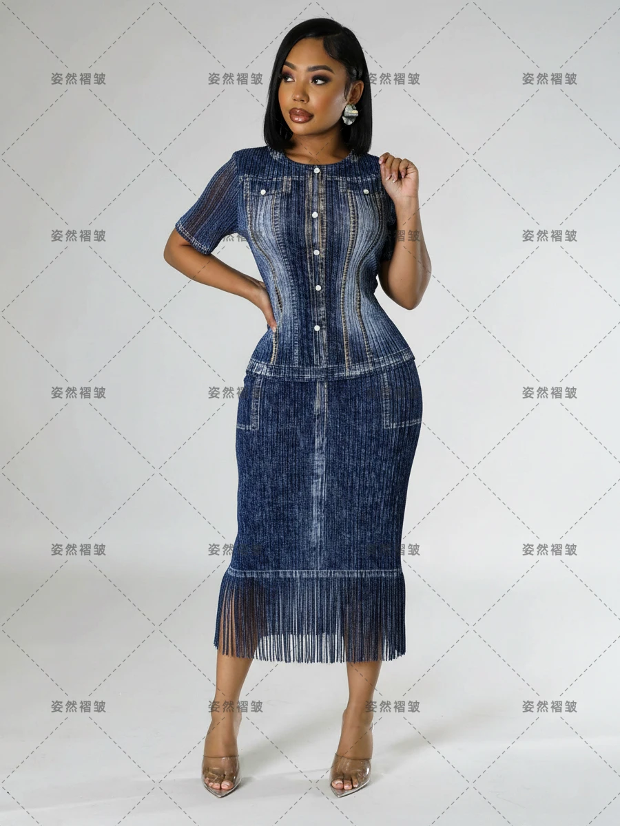 

Одежда больших размеров, женский комплект из двух предметов, шифоновый топ из искусственного денима с принтом и плиссированная юбка, элегантные брюки, повседневные роскошные женские брюки