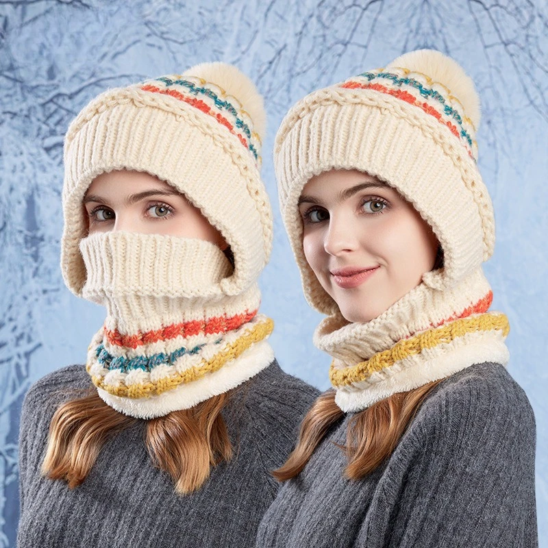 Winter  Beanies Cycling Windproof Knitted Wool Hat Women's Velvet Warm Ear Protector Pullover Hats Scarf Mask Integrated Hat