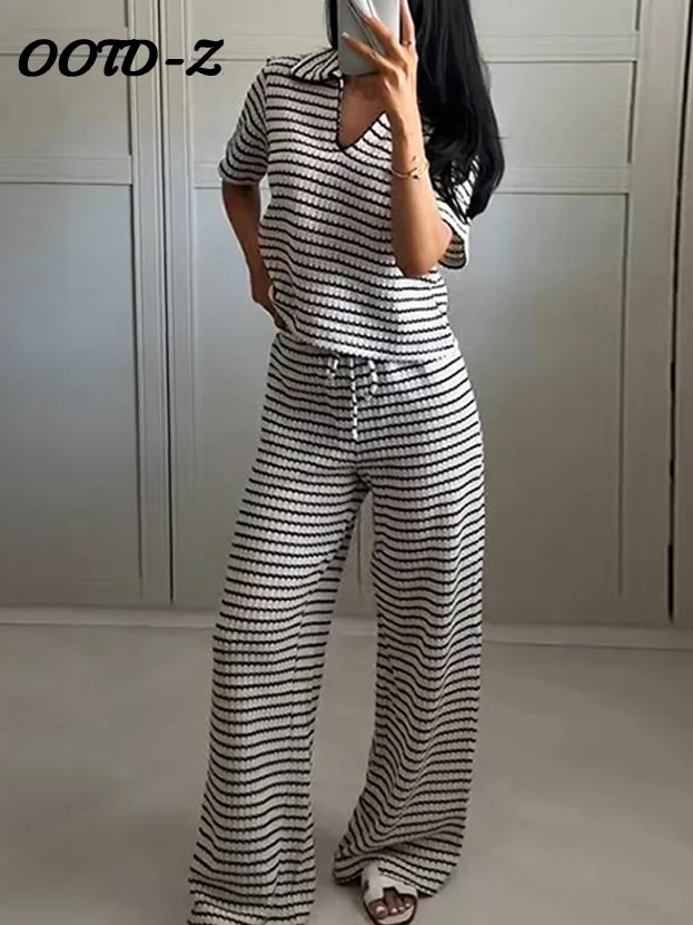 Casual Women's Knit Striped Pullover Pants Set 2025 Loose Polo Collar Short Sleeve T-shirt Drawstring Wide Leg Pant Lady Outfit
