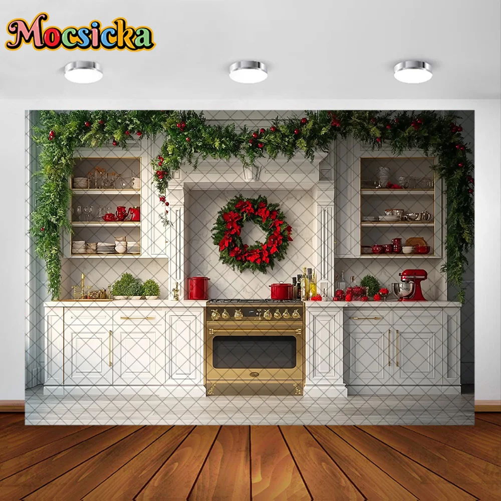 Mocsickaการถ่ายภาพพื้นหลังคริสต์มาสตู้ครัวAppleตกแต่งฉากหลังครอบครัวเด็กXMAS Holiday Party Prom Studio
