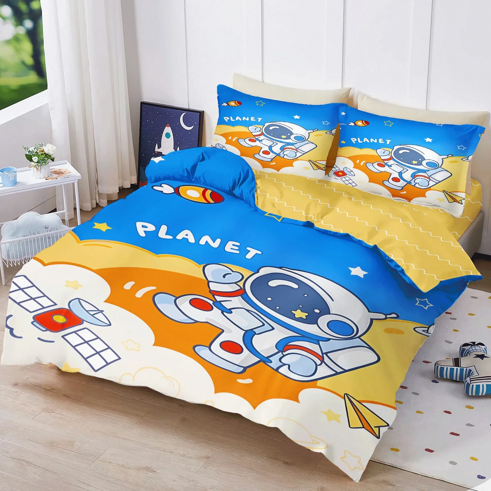 

Astronaut themed boys' Bedding Set,Cartoon patterned dinosaur Duvet Cover Pillowcase for Teenagers,Pink Girl bow Quilt Cover