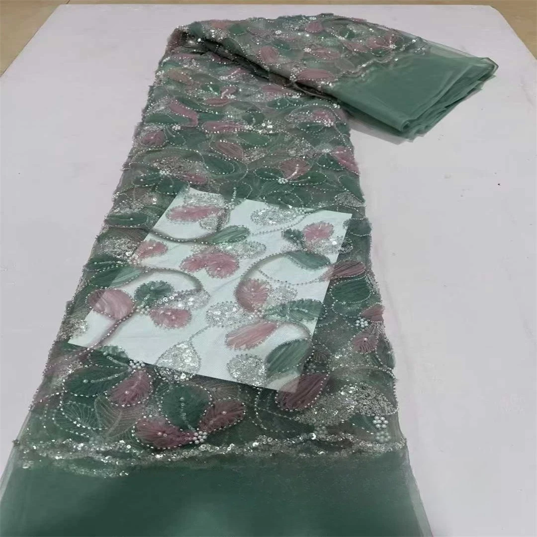 نسيج تطريز مطرز بشريط ثلاثي الأبعاد فرنسي بلونين وفستان قماش مطرز بالترتر الشبكي الأفريقي