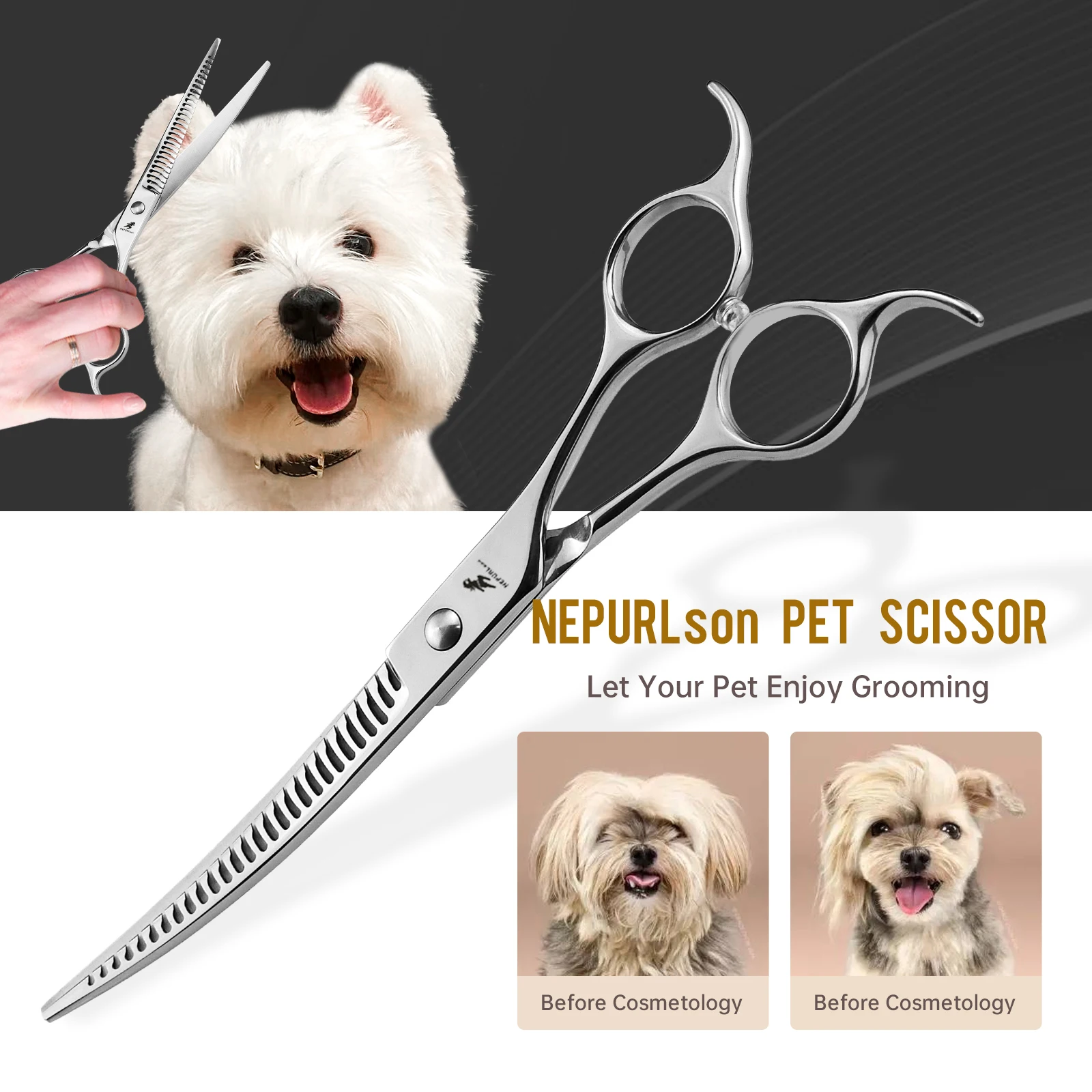 7.0inch silver JP440C gradient teeth upward curved fishbone scissors pet grooming scissors Thinning Rate30%-40% sharp and smooth