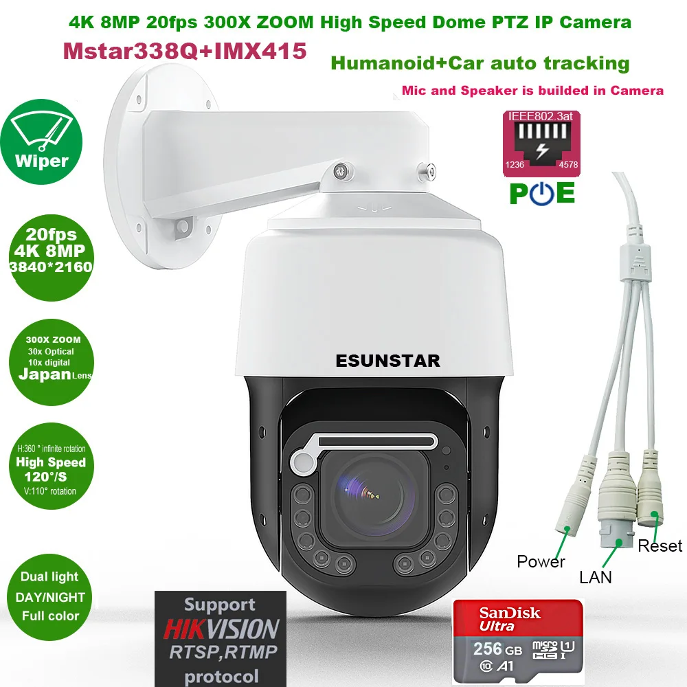 4K 8MP 300X ZOOM POE IMX415 RTMP High Speed dome tracking PTZ Wiper IP Camera ONVIF Absolute move with 256GB