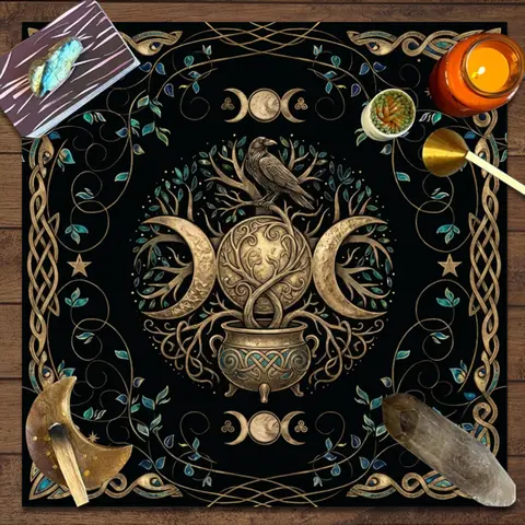 Black Nordic Ritual Tablecloth Raven Moon Tree Triple Goddess Celtic Knot Tarot Crystal Healing Meditation Altar Decor