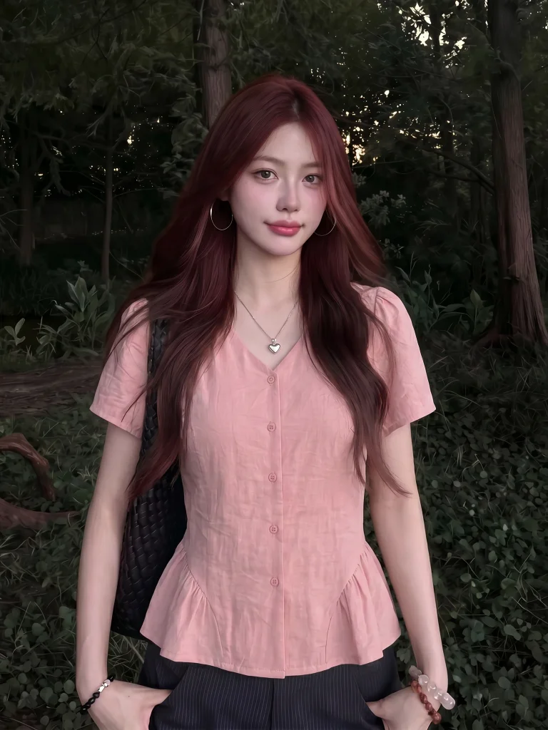 

Stylish Pink V-Neck Shirt Women's plus Size Beautiful Fluffy Top Korean Style Commute Wind Loose Fit Short Sleeve Shirt