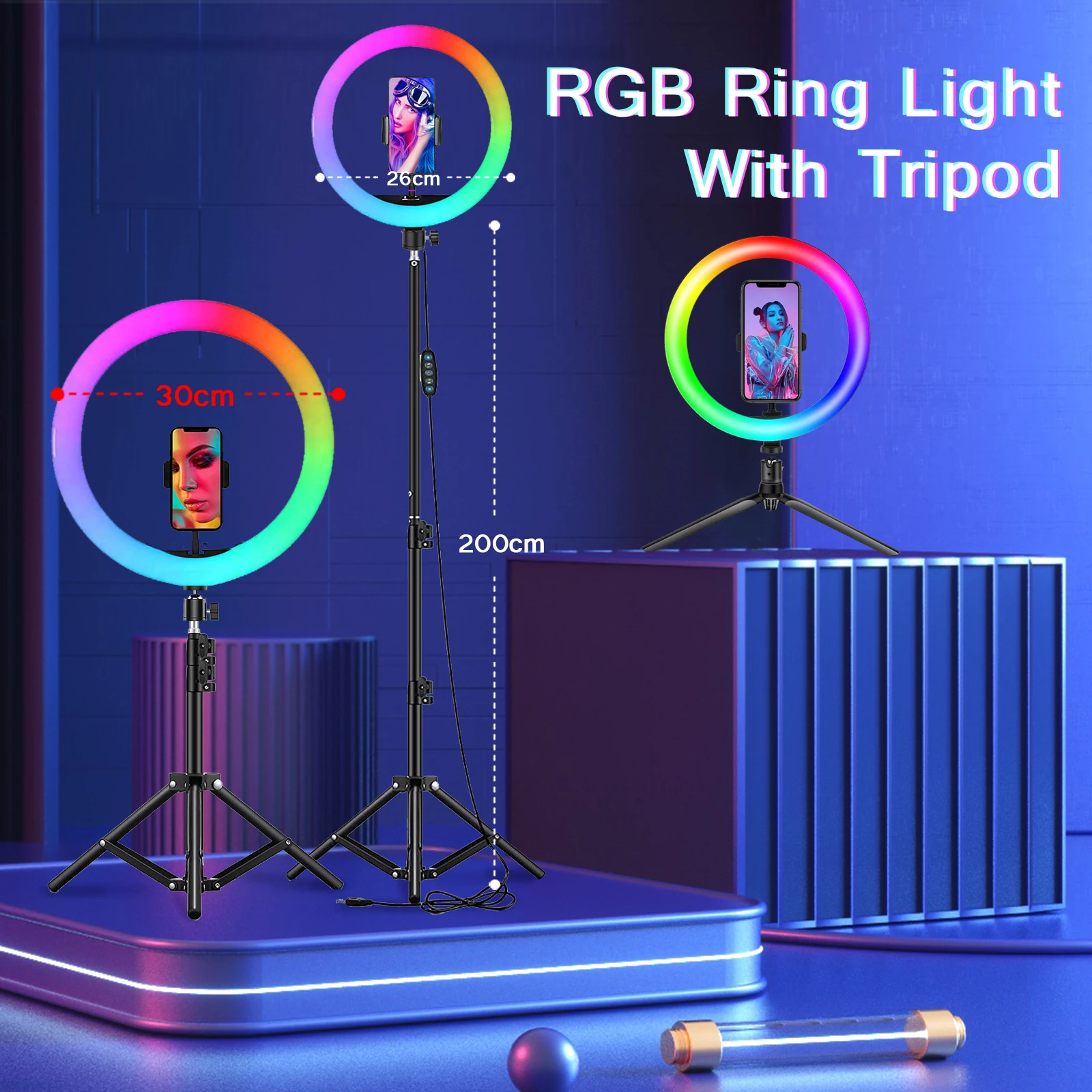 RGB Color Soft Ring Light With Desk Long Arm Tablet Tripod Photography Lighting Selfie RingLight Circle Lamp Phone Holder Stand