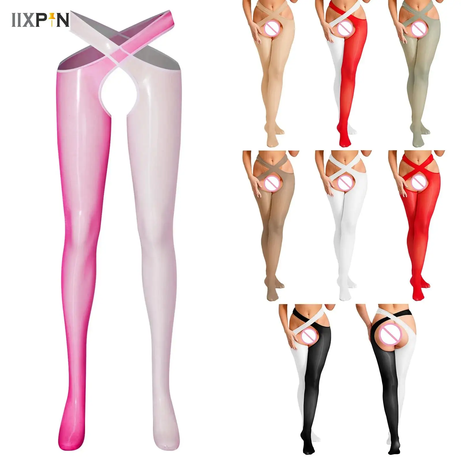 

Womens Separated Pantyhose Glossy Crossing Waist Opening Crotch Contrast Color Bodystockings See Through Tights Sexy Nightwear