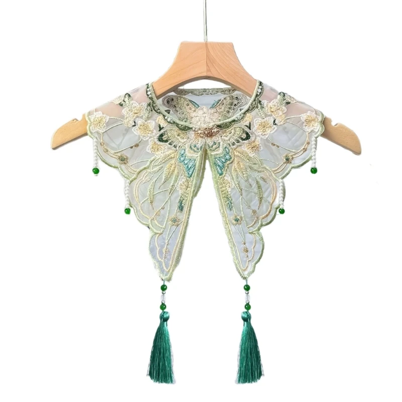 Vintage Dress Detachable False Collar Pearl Tassels Yunjian Shawl Scarf Chinese Embroidered Butterfly Flower Capelet Dropship