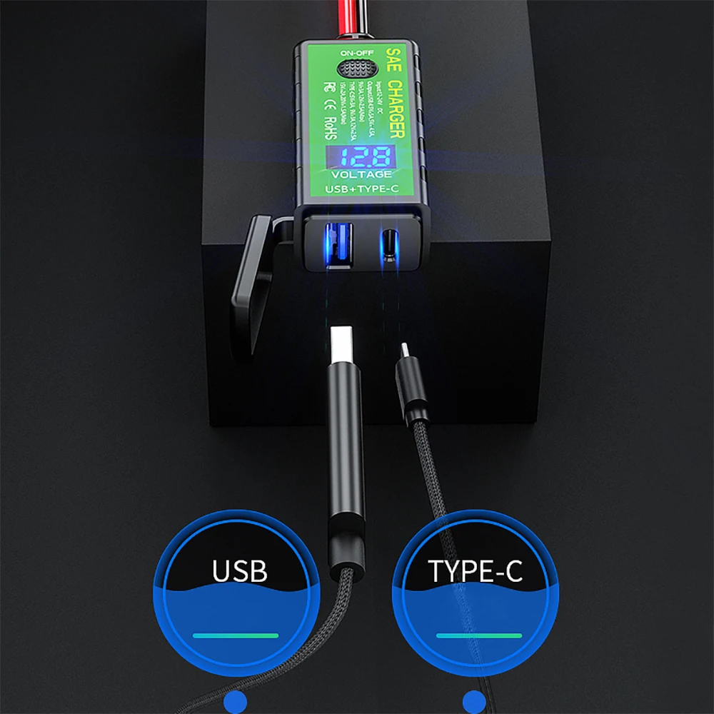 Avec voltmètre interrupteur marche/arrêt 3.l'autorisation/4.8A TYPE-C 12V SAE aux touristes USB charge rapide adaptateur moto USB chargeur pour téléphone