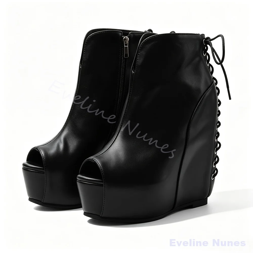 Botines de plataforma con punta abierta y tacón de cuña, de color negro, con tiras en la parte trasera, estilo corsé, tacón alto, botines góticos y de estilo punk, nuevos, ideales para fiestas y discotecas.
