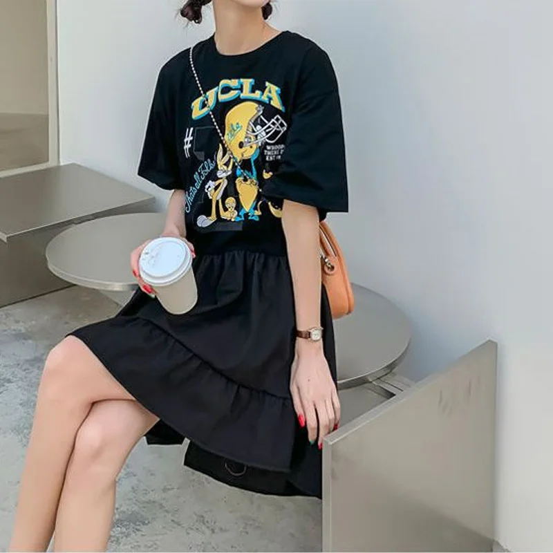 Summer Short Sleeve Oversized Ladies Printing Dresses 2024 New O-neck Irregular Pullovers A-line Skirt Trend Women\'s Clothing