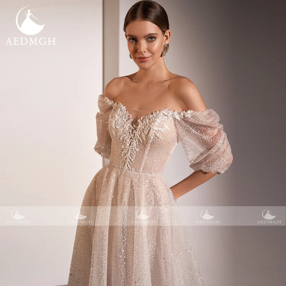 Aedmgh A-Line Beach Wedding Dresses Strapless Off The Shoulder Half Sleeve Vestido De Novia Lace Beaded Custom Made Bridal Gown