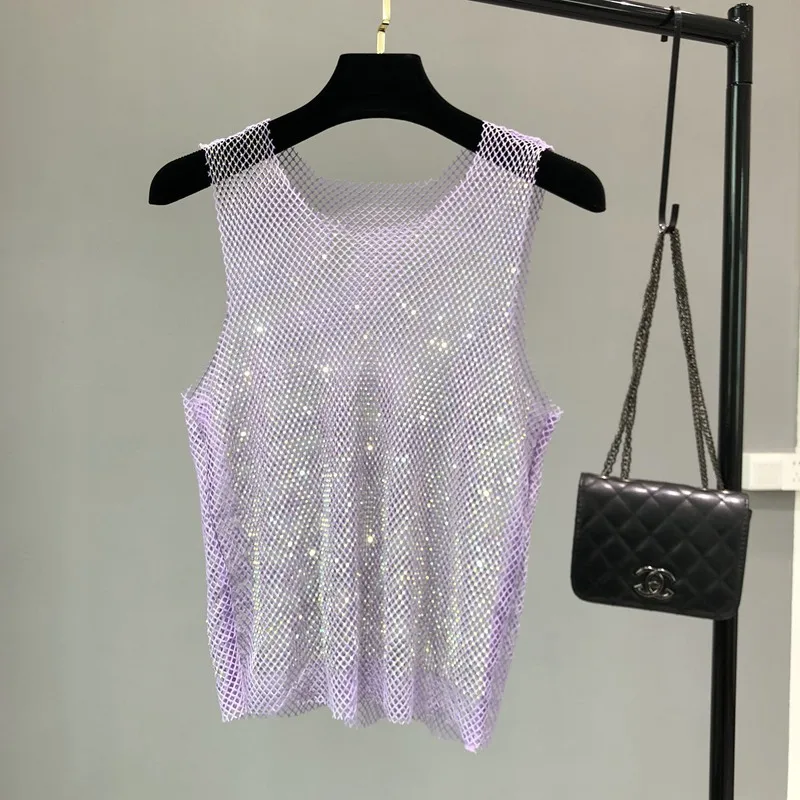 Blingbling Rhinestone Hollow Out Mesh Tanks Top New Spring Summer Round Neck Pullover Casual Top Hot Diamonds Sleeveless T-shirt